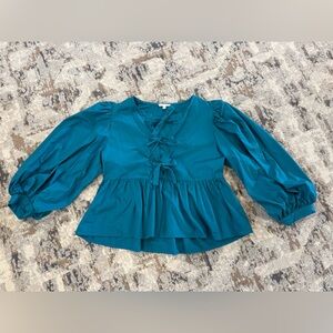 Teal Peasant Balloon Sleeve Peplum Bow Tied Blouse - Small